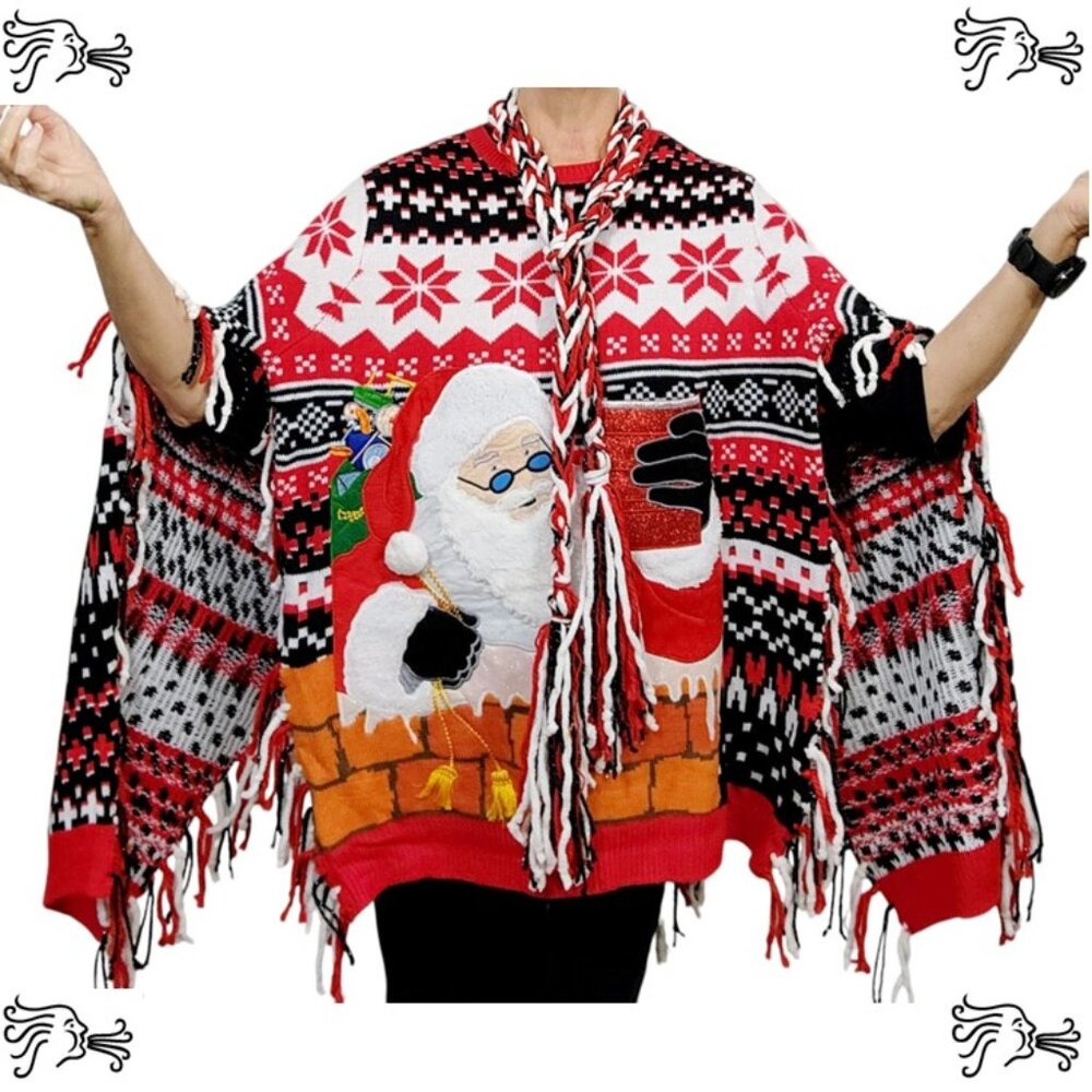 Upcycled Christmas Santa Sweater Poncho Handknotted Fringe Crochet Holiday Time